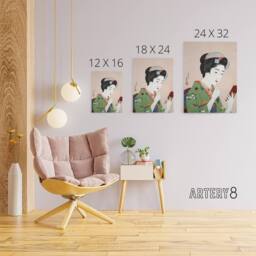 "Artery8 Woman Applying Rouge Lipstick Canvas Wall Art Print Hashiguchi in Green - Size: W18"" x H24""" - thumbnail 4