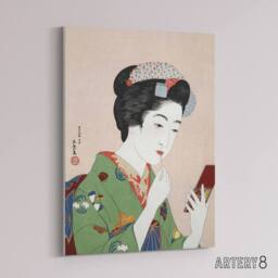 "Artery8 Woman Applying Rouge Lipstick Canvas Wall Art Print Hashiguchi in Green - Size: W18"" x H24""" - thumbnail 2
