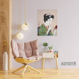 "Artery8 Woman Applying Rouge Lipstick Canvas Wall Art Print Hashiguchi in Green - Size: W18"" x H24""" - thumbnail 3