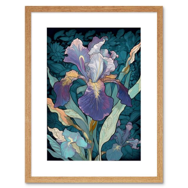"Artery8 Wall Art Print A Single Iris Flower Bloom Purple Teal & Yellow Artwork Framed 9X7 Inch in Beige - Size: W7"" x H9""" - image 1
