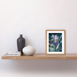"Artery8 Wall Art Print A Single Iris Flower Bloom Purple Teal & Yellow Artwork Framed 9X7 Inch in Beige - Size: W7"" x H9""" - thumbnail 2