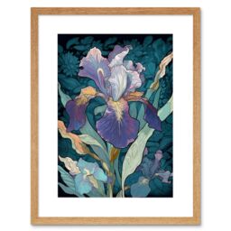 "Artery8 Wall Art Print A Single Iris Flower Bloom Purple Teal & Yellow Artwork Framed 9X7 Inch in Beige - Size: W7"" x H9""" - thumbnail 1