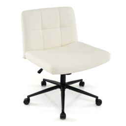 Costway Criss Cross Chair PU Leather Upholstered Cross-legged Office Chair in Beige - thumbnail 1