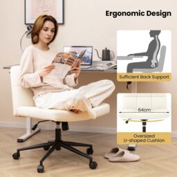 Costway Criss Cross Chair PU Leather Upholstered Cross-legged Office Chair in Beige - thumbnail 4