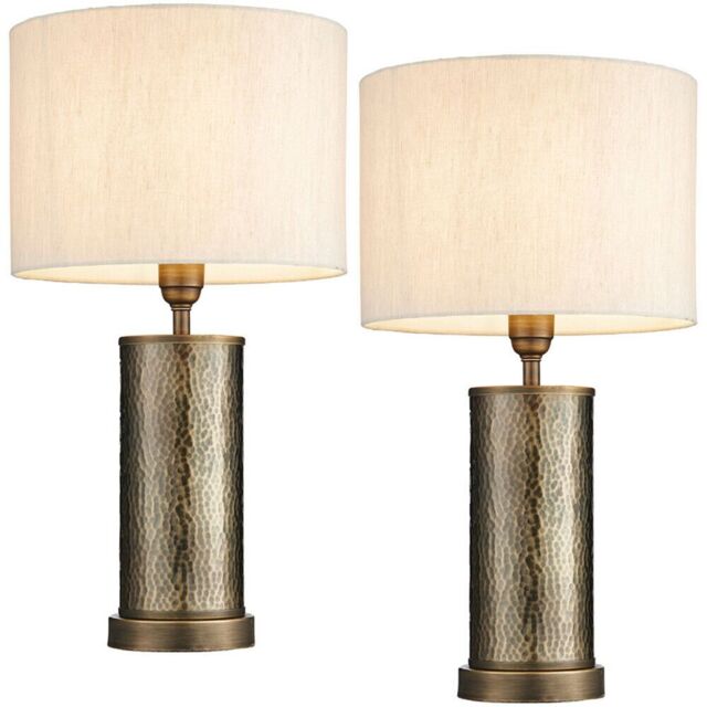 Loops 2 PACK Hammered Bronze Table Lamp Aged Metal & Off-White Shade Bedside Light in White - image 1