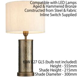 Loops 2 PACK Hammered Bronze Table Lamp Aged Metal & Off-White Shade Bedside Light in White - thumbnail 3