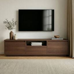 CALICOSY TV Stand With 3 Drop-Down Doors & 1 Niche, 160 Cm Wide - LUME in Walnut - thumbnail 2