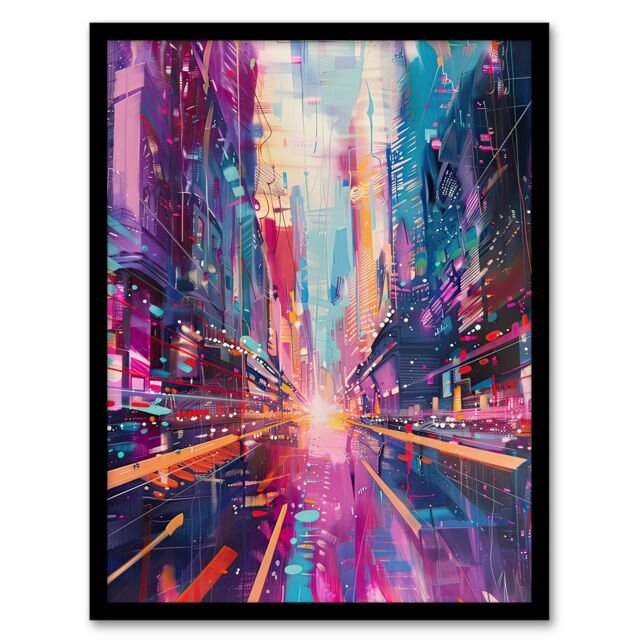 "Artery8 Vibrant Japan Abstract Tokyo City Painting Framed Art Print in Purple - Size: W12"" x H16""" - image 1