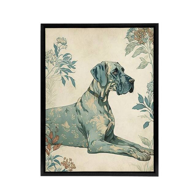 "Artery8 Great Dane Dog With Flower Pattern Framed Canvas Wall Art Print in Blue - Size: W18"" x H24""" - image 1