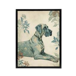 "Artery8 Great Dane Dog With Flower Pattern Framed Canvas Wall Art Print in Blue - Size: W18"" x H24""" - thumbnail 1