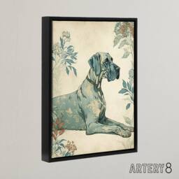 "Artery8 Great Dane Dog With Flower Pattern Framed Canvas Wall Art Print in Blue - Size: W18"" x H24""" - thumbnail 2