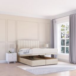 Sloomy Kansas Plush Fabric Ottoman Bed End Opening With Sprung Memory Mattress & 26 Inch Headboard in Cream - Size: Small Double - thumbnail 1