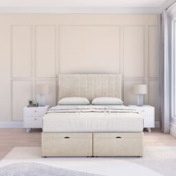 Sloomy Kansas Plush Fabric Ottoman Bed End Opening With Sprung Memory Mattress & 26 Inch Headboard in Cream - Size: Small Double - thumbnail 2