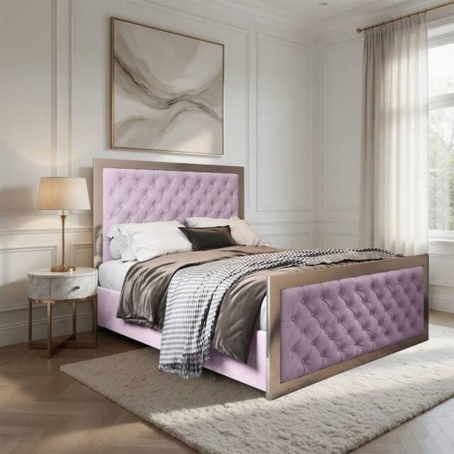 Casani Latimer Upholstered Soft Velvet Pink Metal Designer Bed Frame - Size: Super King - image 1