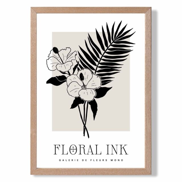 ARTZE Hibiscus Flowers in Black & Beige Floral Ink Sketch Framed Print SIZE: A4 with Oak Frame - Size: A3 - image 1
