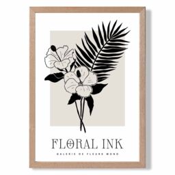 ARTZE Hibiscus Flowers in Black & Beige Floral Ink Sketch Framed Print SIZE: A4 with Oak Frame - Size: A3 - thumbnail 1