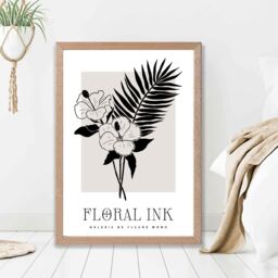 ARTZE Hibiscus Flowers in Black & Beige Floral Ink Sketch Framed Print SIZE: A4 with Oak Frame - Size: A3 - thumbnail 2