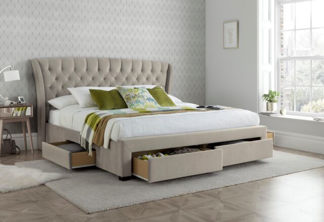 Bedmaster Newton Velvet 4 Drawer Storage Bed in Light Stone - Size: Double - image 1