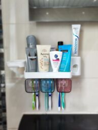 MANTRARAJ Wall-Mounted Toothbrush Holder & Automatic Toothpaste Dispenser Soap Holder 3 Cups in White - thumbnail 4