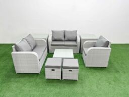 Fimous High Back Poly Rattan Garden Furniture Set w/ Reclining Chair Loveseat Sofa Square Coffee Table Indoor Outdoor Patio Set 2 Stool 2 Side Table - thumbnail 1