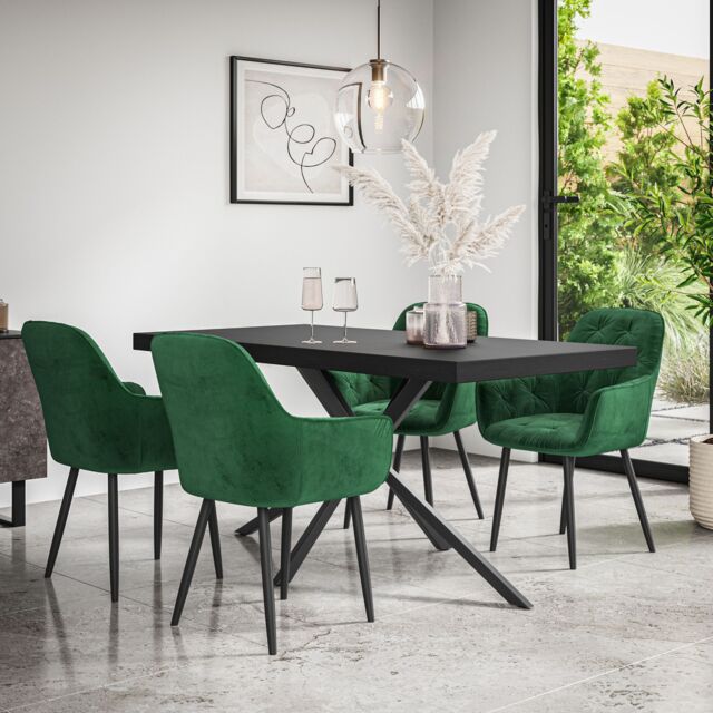 More4Homes Donni Dining Table & Chairs - Black Table Top w Black Legs + Anika Velvet Dining Chair Set Of 6 in Green - image 1
