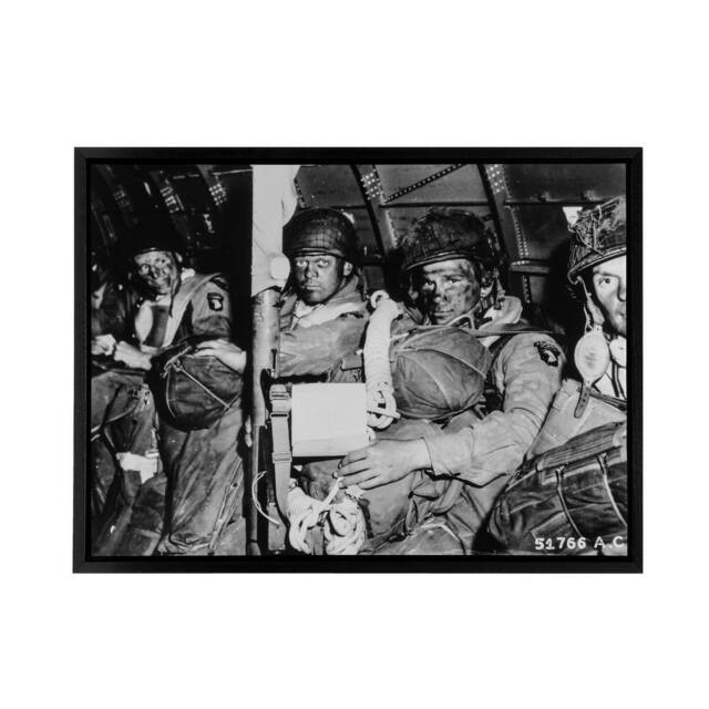 "Artery8 War WWII USA Paratroopers D Day 1944 Framed Canvas Wall Art Print in Grey - Size: W12"" x H16""" - image 1