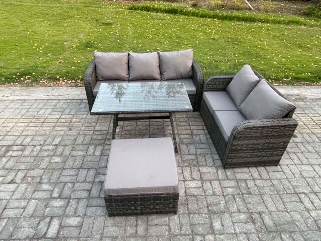 Fimous High Back PE Rattan Sofa Set Outdoor Garden Furniture Dining Table Set Love Sofa 3 Seater Sofa Big Footstool in Dark Grey - image 1