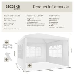 tectake Gazebo Barinas with 3 side panels, water-resistant, 3x3m in White - Size: Large - thumbnail 6