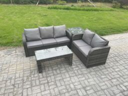 Fimous Outdoor Rattan Garden Furniture Set Patio Lounge Sofa Set with Rectangular Coffee Table Side Table Dark Grey Mixed - thumbnail 2