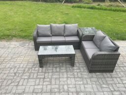 Fimous Outdoor Rattan Garden Furniture Set Patio Lounge Sofa Set with Rectangular Coffee Table Side Table Dark Grey Mixed - thumbnail 1