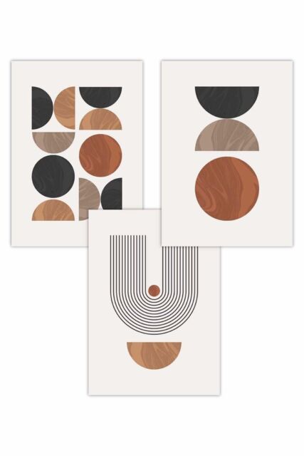 ARTZE Set of 3 Mid Century Geometric in Black & Brown Art Posters in Terracotta - Size: W50 cm x H70 cm - image 1