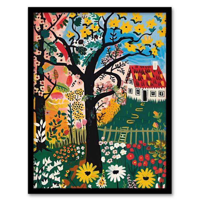 "Artery8 Cottage House Garden Flowers Folk Art Painting Framed Art Print - Size: W12"" x H16""" - image 1