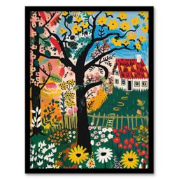 "Artery8 Cottage House Garden Flowers Folk Art Painting Framed Art Print - Size: W12"" x H16""" - thumbnail 1