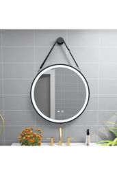 Living and Home 60cm Black LED Round Bathroom Wall Mirror with Hanging Strap - Front-Lit, Anti-Fog, Touch Control & 3-Colour Dimming