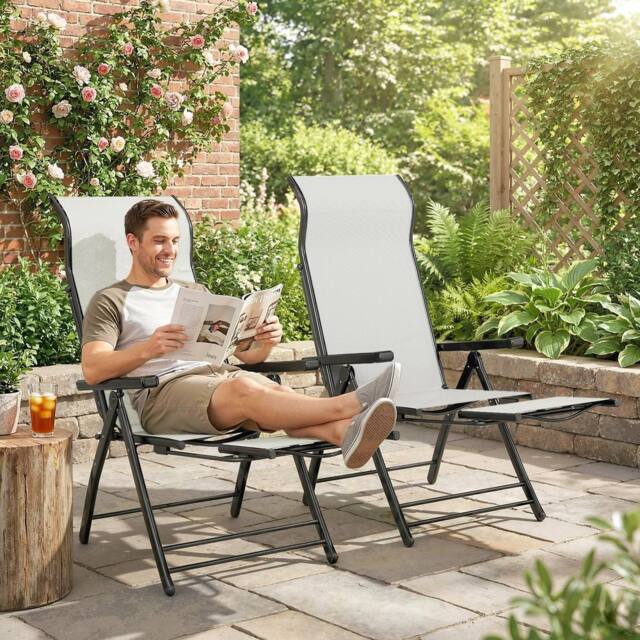 OUTSUNNY Folding Reclining Garden Chairs Set of 2 with Footrest in Light Grey - Size: 120 - image 1