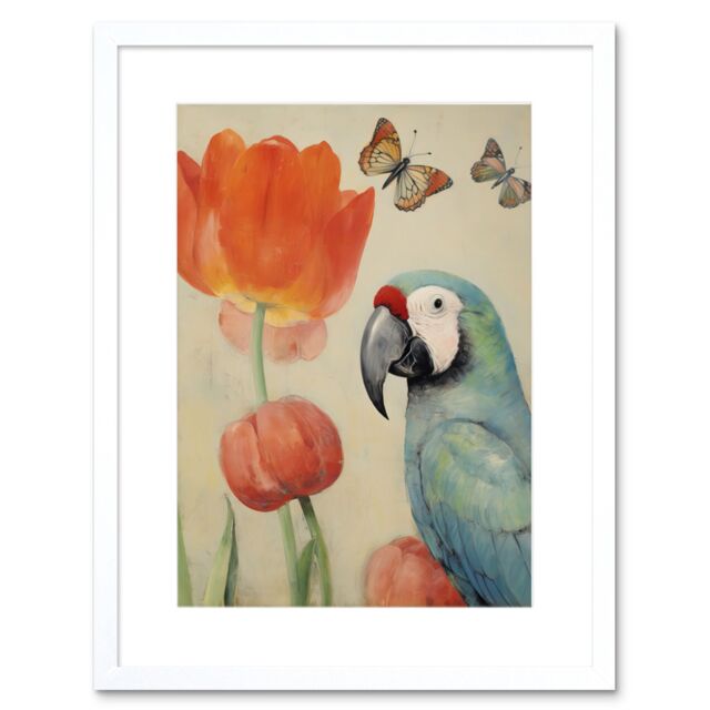 "Artery8 Wall Art Print Parrot & Tulips Flowers Butterflies Pastel Colour Artwork Floral Spring Oil Painting Artwork Framed 9X7 Inch - Size: W7"" x H9""" - image 1