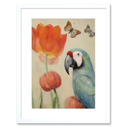 "Artery8 Wall Art Print Parrot & Tulips Flowers Butterflies Pastel Colour Artwork Floral Spring Oil Painting Artwork Framed 9X7 Inch - Size: W7"" x H9""" - thumbnail 1