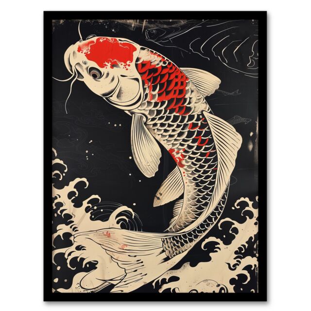 Artery8 Traditional Black Red Japanese Koi Carp Artwork Framed Art Print - Size: A4 - image 1