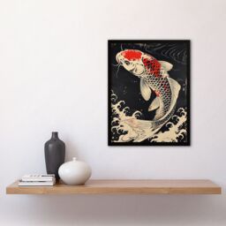 Artery8 Traditional Black Red Japanese Koi Carp Artwork Framed Art Print - Size: A4 - thumbnail 4