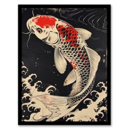 Artery8 Traditional Black Red Japanese Koi Carp Artwork Framed Art Print - Size: A4 - thumbnail 1