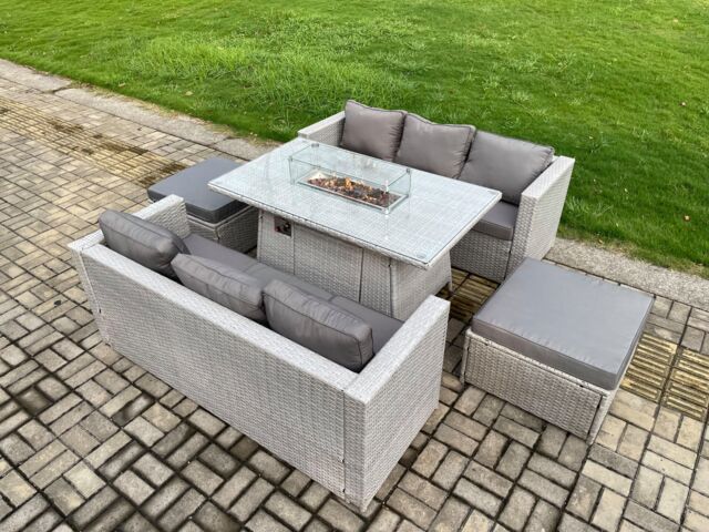 Fimous 8 Seater Garden Dining Sets Outdoor Rattan Furniture Gas Fire Pit Dining Table Gas Heater with 2 Big Footstools in Light Grey - image 1