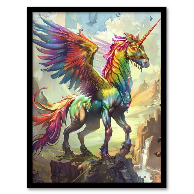 Artery8 Rainbow Warrior Unicorn Fantasy Concept Art Framed Art Print - Size: A4 - image 1