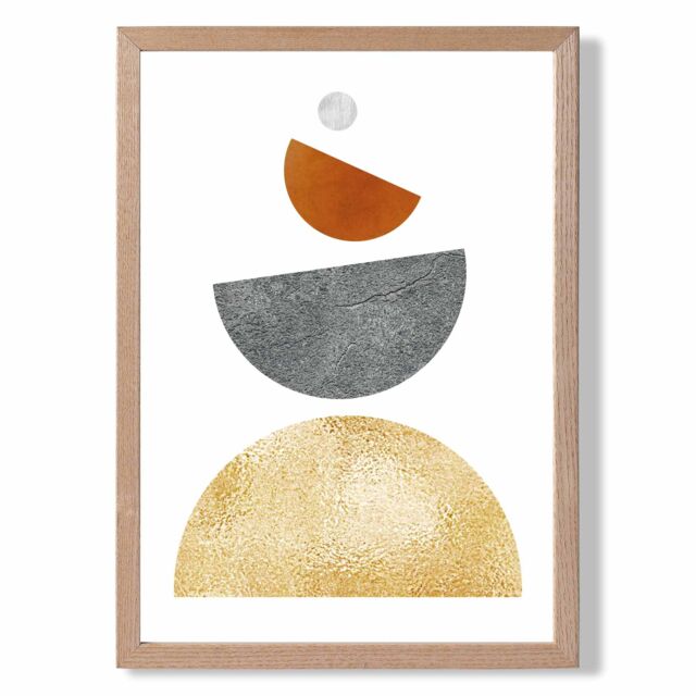 ARTZE Orange & Yellow Semi Circles Mid Century Geometric Framed Print SIZE: A2 with Oak Frame - Size: A3 - image 1