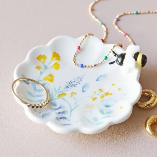 Lisa Angel Women's Cornflower Blue & Yellow Floral Bee Ceramic Trinket Dish in White - image 1