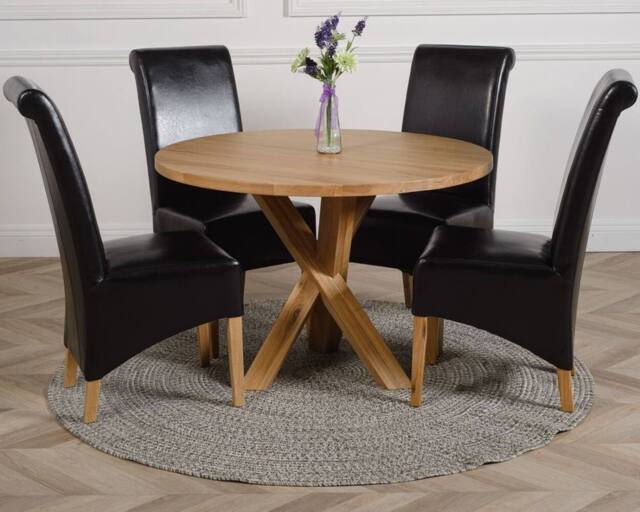 Thats Furniture Oregon Round Oak Dining Table & 4 Montana Leather Chairs in Black - image 1