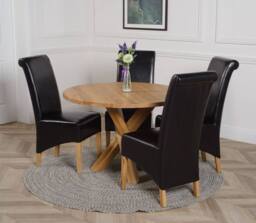 Thats Furniture Oregon Round Oak Dining Table & 4 Montana Leather Chairs in Black - thumbnail 3