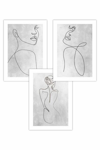 ARTZE Set of 3 Grey Abstract Line Art Female Art Posters in Light Grey - Size: W50 cm x H70 cm - image 1