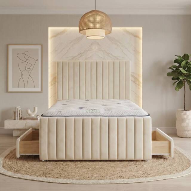 "Somnior Eleanor Velvet Divan Bed Mattress 4 Draw 54"" Headboard 22"" Footboard in Ivory - Size: Double" - image 1