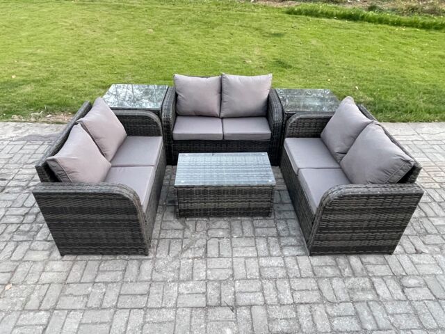 Fimous Outdoor Garden Furniture Sets 6 Seater Wicker Rattan Furniture Sofa Sets with Rectangular Coffee Table Love Sofa 2 Side Tables in Dark Grey - image 1