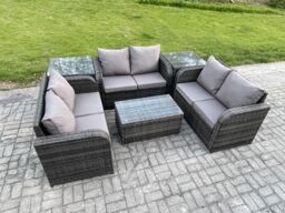 Fimous Outdoor Garden Furniture Sets 6 Seater Wicker Rattan Furniture Sofa Sets with Rectangular Coffee Table Love Sofa 2 Side Tables in Dark Grey - thumbnail 2